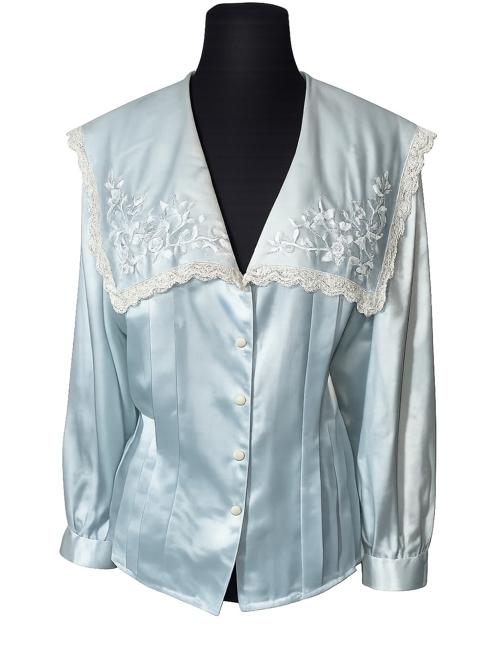 Light Blue Satin Embroidered Lace Collar Blouse